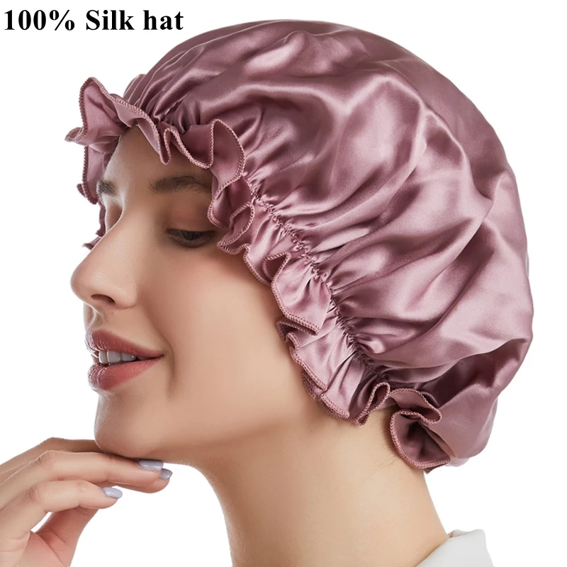 100% Pure Silk Night Hat Female 100% Mulberry Silk Confinement Maternity Real Silk Round Hair Care Large Size Cap  Hair Bonnets