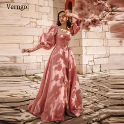 Verngo 2023 Elegant A Line Pink Taffeta Evening Dresses Puff Long Sleeves Sweetheart Buttons Slit Prom Special Occasion Gown