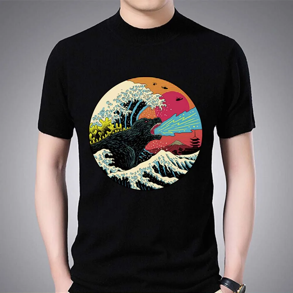 T-shirt Man\'s Classic Black Anime Street Sunset Wave Series Fashion Casual Simple O-neck Youth Commuter Wear Comfortable Top