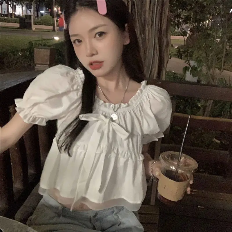 Blouse Women Summer White Lovely Sweet Maiden Edible Tree Fungus Tops Lady Korean Preppy Style All-match Loose Puff Sleeve Crop