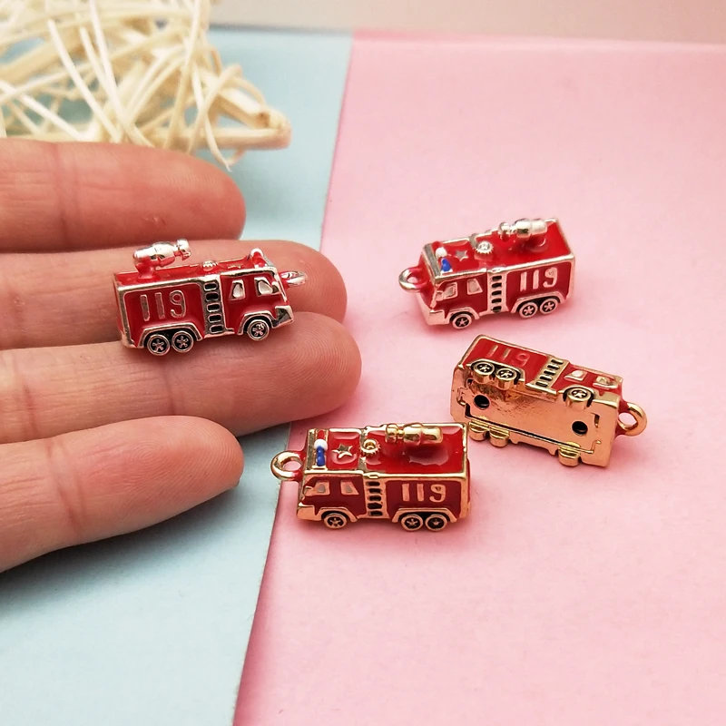 5PCS 3D Fire Truck Enamel Pendant Charms Oil Drop 119 Truck Model Keychain Finding DIY Handmade Bracelet Floating Jewelry Make