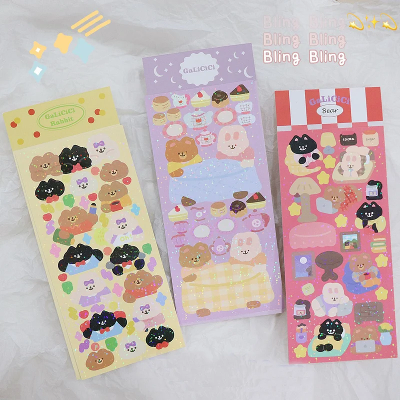 

Korea Ins Cartoon Bear Cute stickers Blingbling Shiny Waterproof Paster Creative Mobile Phone stationery diy decorative Sticker