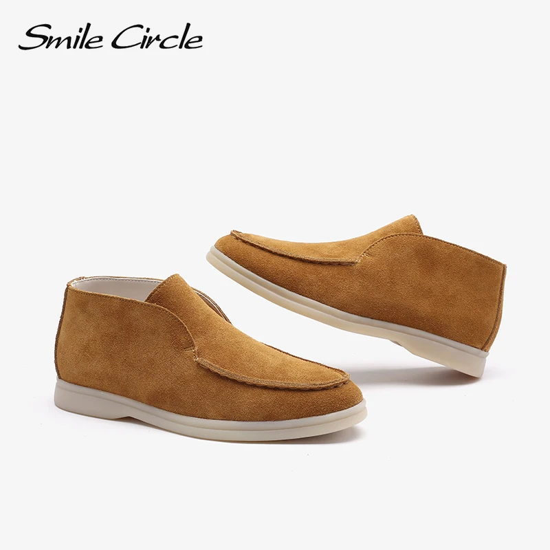 Smile Circle/Spring  Women Genuine Leather Nude Flats Casual Shoes Slip-On Penny loafers Autumn Ladies Lazy shoes