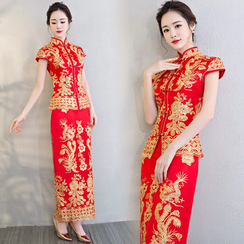 

Traditional Chinese Bride Wedding Party Toast Qipao Dresses Bling Embroidery Dragon Phoenix Cheongsam Marry Dress Satin Skirt