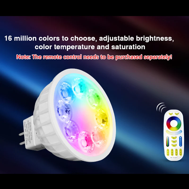 FUT104 MR16 4W RGB + CCT LED 스포트라이트 전구, 조광 가능 AC/DC 12V LED 램프 라이트, 2700K ~ 6500K, 2.4G RF 제어와 호환, 400LM