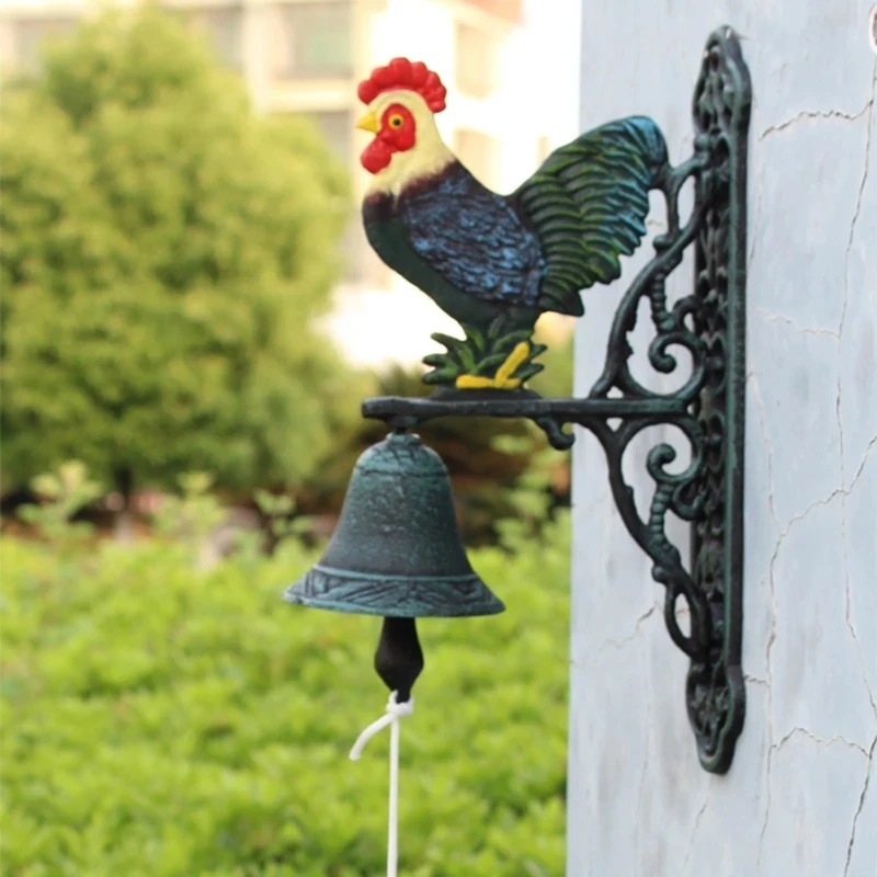 

Rooster Cast Iron Hand Cranking Doorbell Hand Paint Antique Green Red Wall Bell Double-Sided Metal Welcome Door Bell