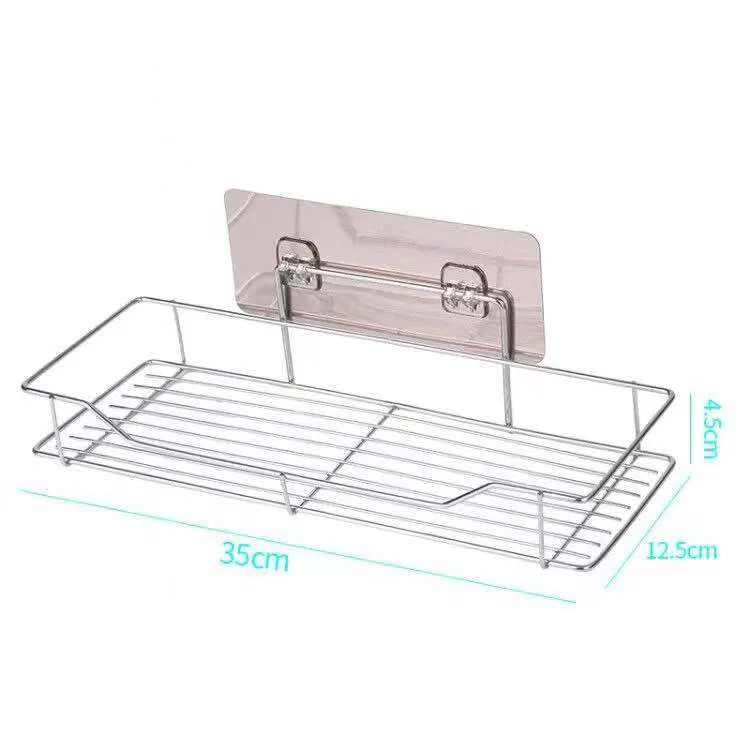 Bathroom Shelf Stainless Steel Shower Organizer Basket Kitchen Storage Shelf Wall Mounted Storage Rack with Adhesive Sticker