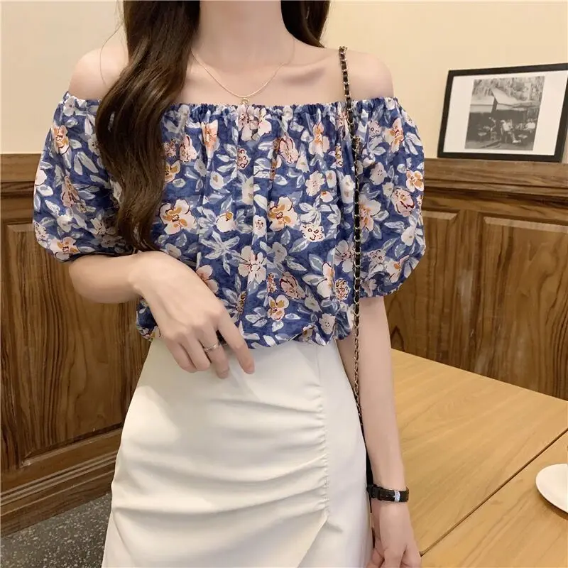 Blouses Women Sexy Off Shoulder Slash Neck Retros Floral Loose Casual Short Puff Sleeve Korean Style All-match Chic Backless Ins