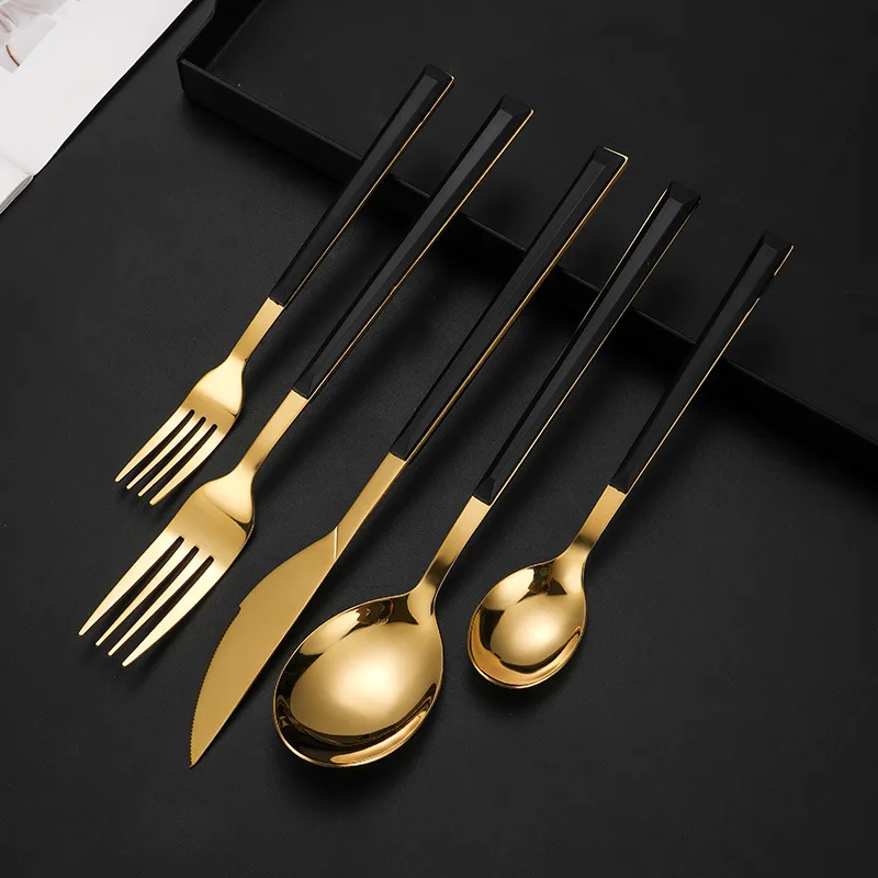 5Pcs Western Style Stainless Steel Cutlery Set Marble Pattern Steak Knife Fork Spoon Durable Tableware Home Kitchen Utensils