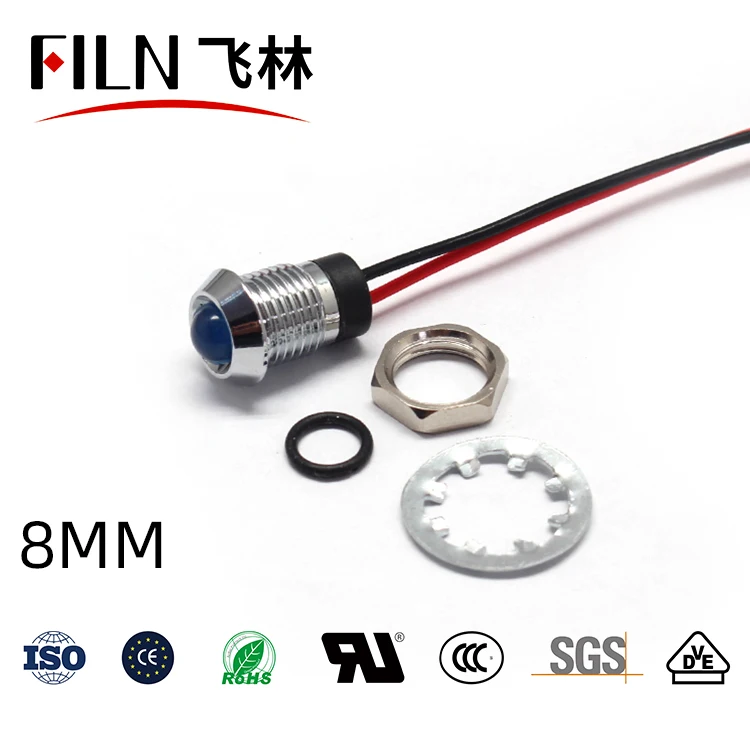 FILN 8mm socket head waterproof 12v 24v 220v 110v kitchen equipment pilot lamp led indicator light with wire