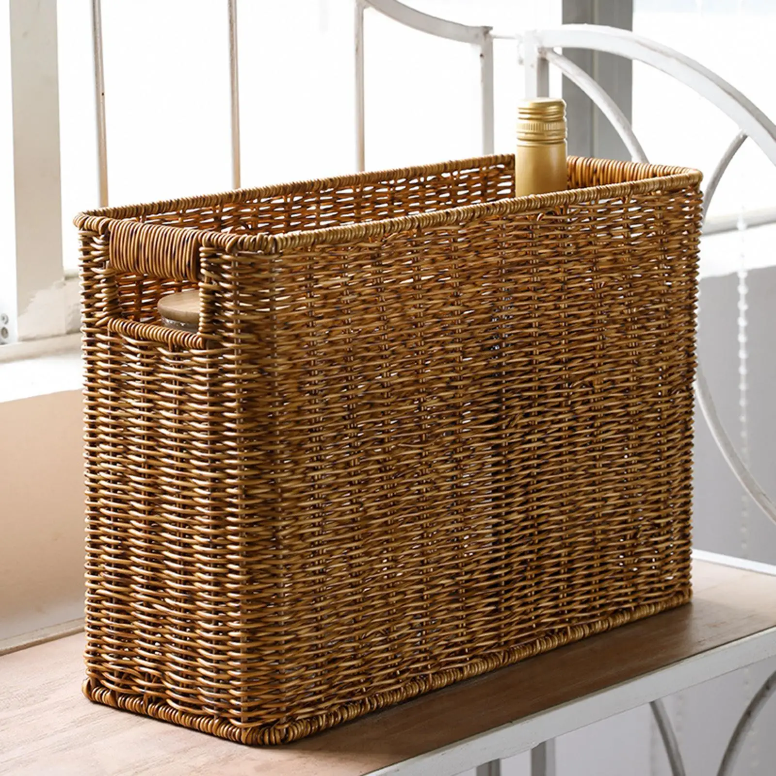 Rattan-Like Magazine Basket Containers Multifunctional Rectangle with Handles Basket Storage for Magazine Newspaper Cabinets