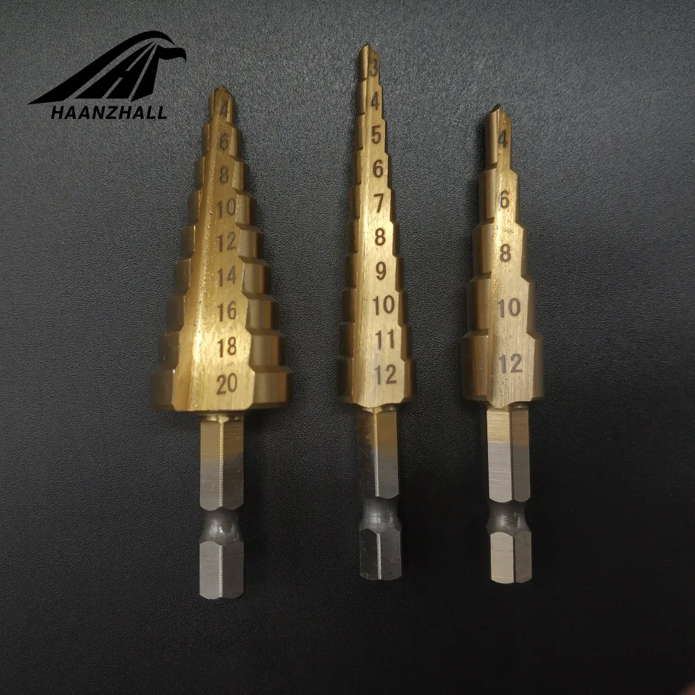 3PCS HSS Steel Titanium Step Drill Bit 3-12mm 4-12mm drill 4-20mm Step Cone Cutt Tools Metal Drill Bit Set for Woodworking Wood