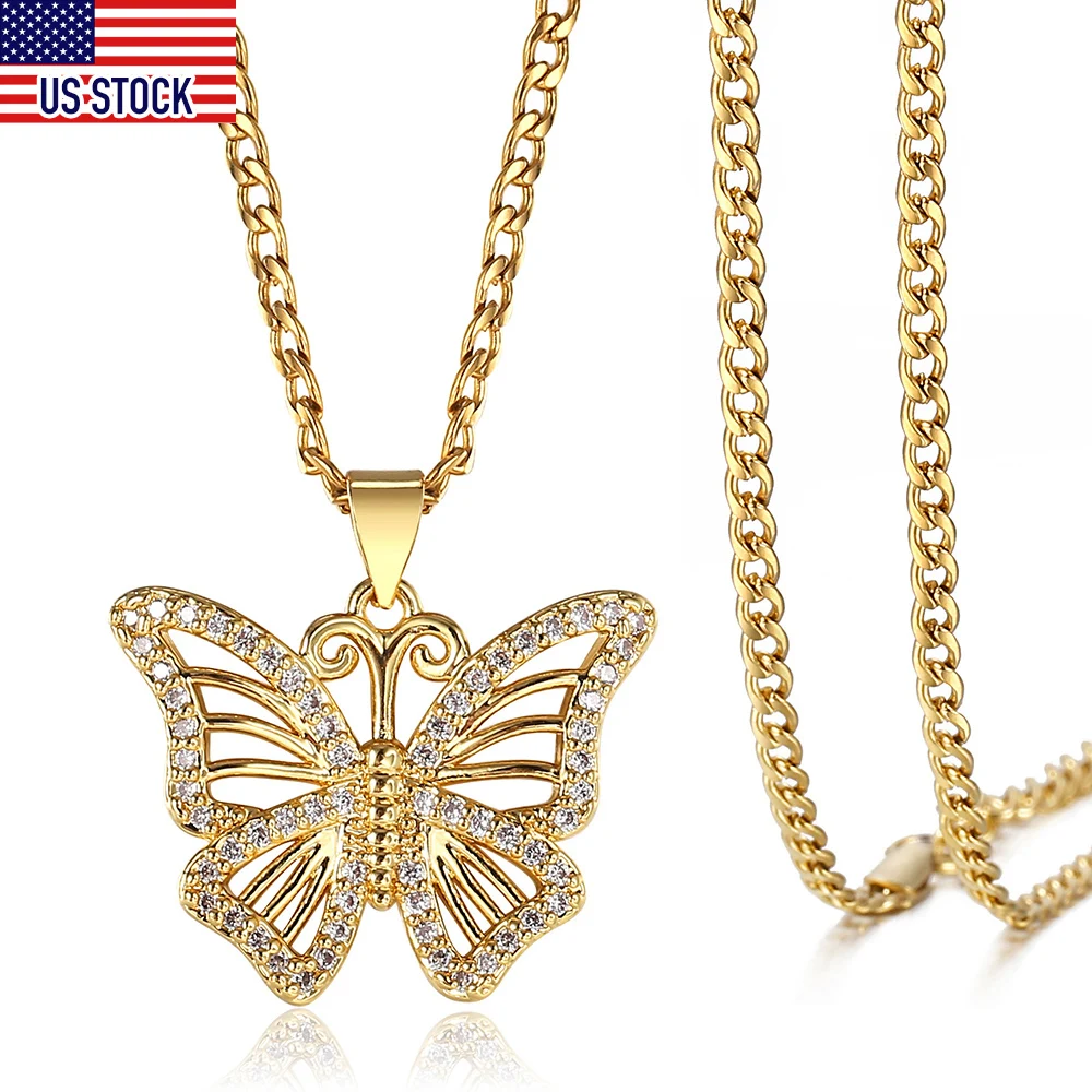 Dainty Gold Color Butterfly Pendant Necklace CZ Rhinestone Charm Curb Cuban Chain For Women Girl Fashion Jewelry DGP432