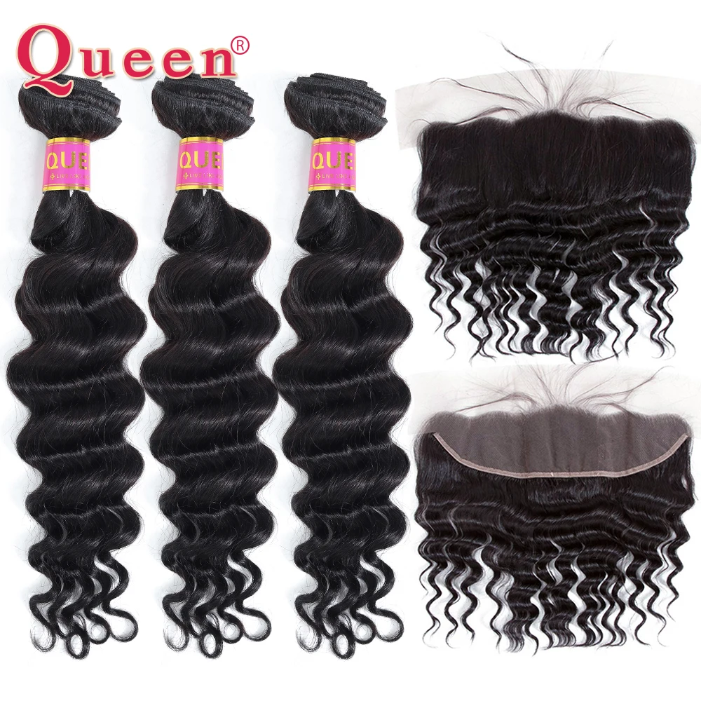 

Loose Deep Wave Bundles With 13x4 Lace Frontal Malaysian Human Hair Weave 3/4 Bundles With Frontal Closure For Women QUEEN