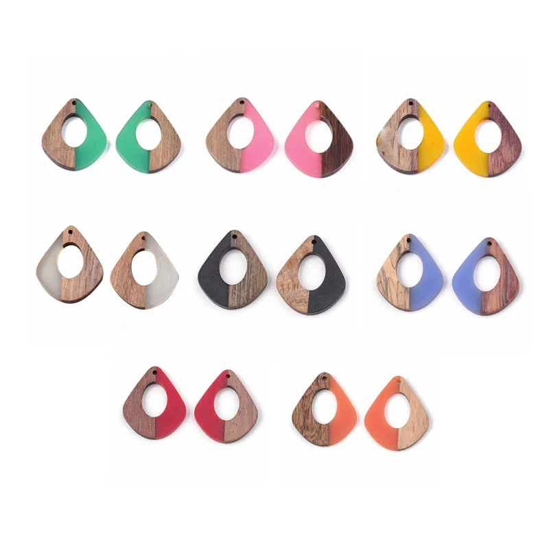 50pcs Resin & Walnut Wood Pendants Teardrop Shape for Jewelry Making DIY Bracelet Necklace Earring Accessories 32.5x27.5x2.5~4mm