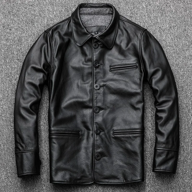 Men Real Cowhide Leather Jacket Business Man Casual Single Breasted Slim Fit Genuine Leather Jacket Windproof Coat 4XL