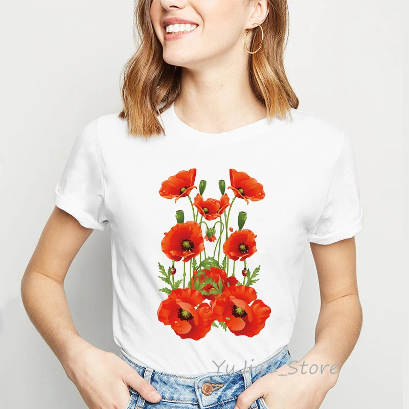 

Watercolor Red poppies Flowers printed white T Shirt Summer Hipster Women T Shirts Casual Tops Cute short t-shirts for girl