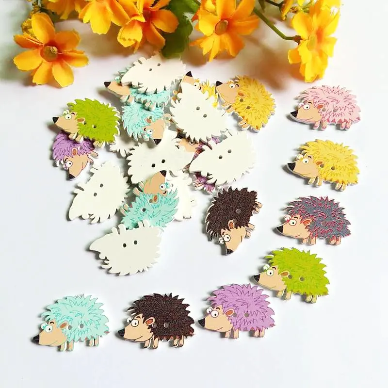 Mixed 50PCs Hedgehog Buttons Children Clothes DIY Scrapbooking Crafts Sewing Tool Flatback Decorative Wooden buttons