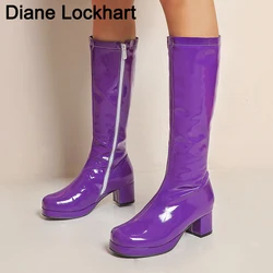 Women Boots Fashion round Toe Long Boots Cosplay Purple Yellow Knee High Boots For Women Candy Colors Boats 5CM Heels Shoes