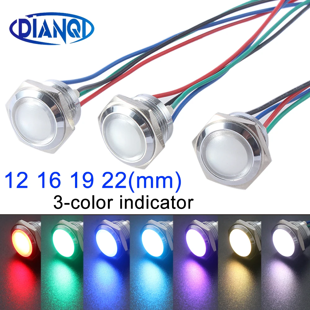 3V 6V 12V 24V 12mm 16mm 19mm 22mm Waterproof Metal Spherical Round indicator Signal lamp LIGHT with wire 3 LED color Custom