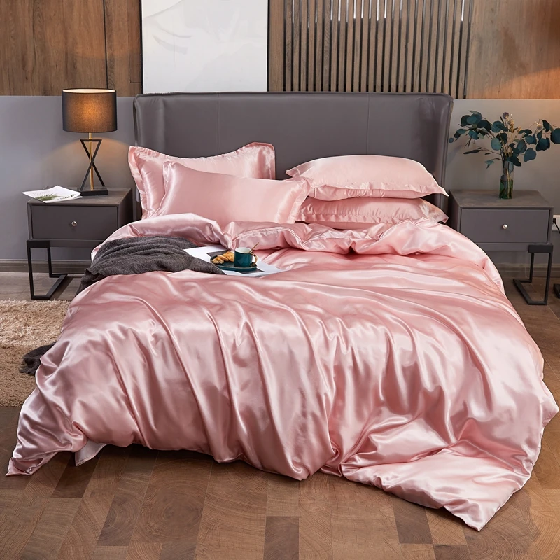 Satin Rayon Bedding Set High Quality Solid Color Bed Cover Set Single Double Twin King Size Duvet Cover Set