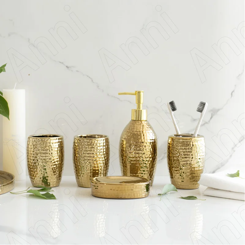 Creative Gold-plated Hammer Texture Bathroom Accessories Set Ceramic Nordic Modern Home Golden Five Piece Set Shower Accessories