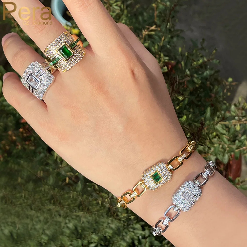 

Pera Luxury Yellow Gold Color Green CZ Stone Classic Square Link Bracelet Ring Party Jewelry Set for Women Indian Jewellery J436