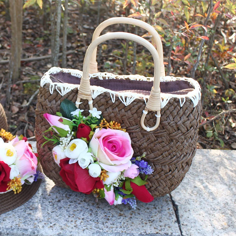 Women Summer Beach Rattan Handbag Colorful Artificial Flower Weave Straw Tote Handbag and Hat Suit Bohemia Style Holiday Casual