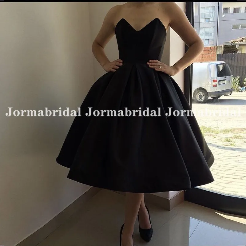 Black Short Homecoming Dresses Sweetheart Ball Gown Simply Tea Length Satin Prom Dress Robes De Cocktail Party Gowns