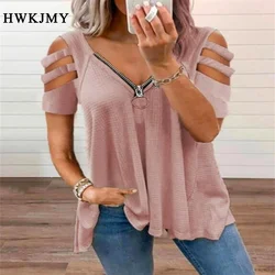 Women's Clothing Summer Casual Off Shoulder Short Sleeved Tops Deep V-neck Zipper Tee Ladies Loose Solid Color T-shirt XS - 8XL