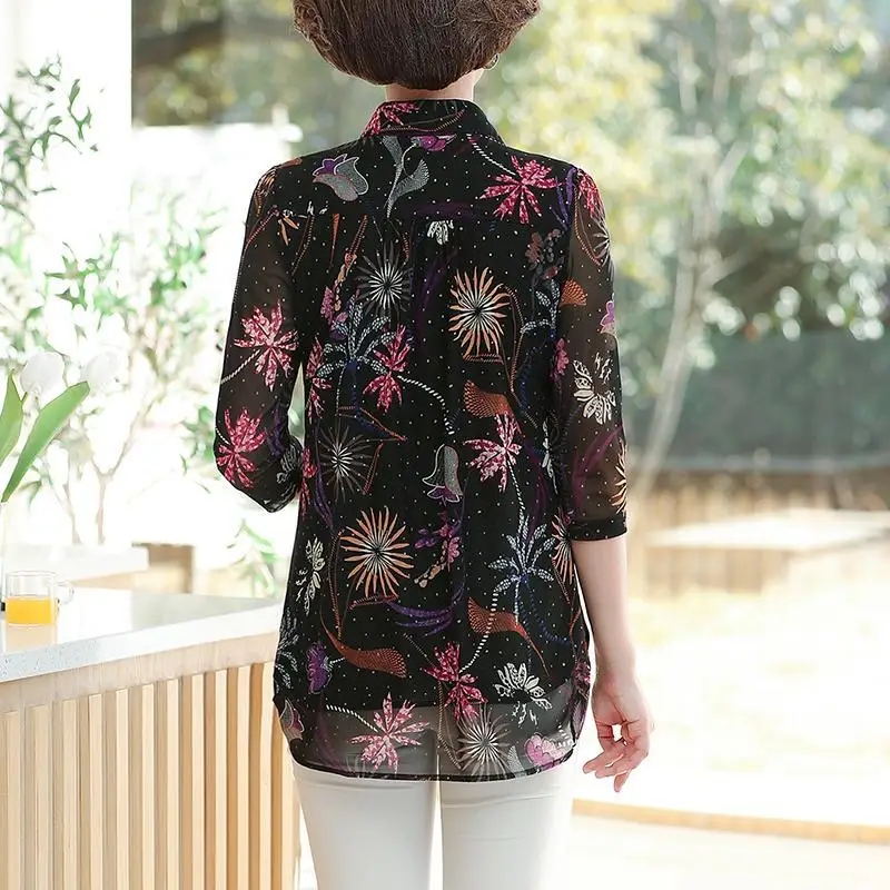 Spring Summer Women Chiffon Shirts Temperament Elegant Polo-Neck Half Sleeve Print Bloouses Ladies Tops Blusas MM1156