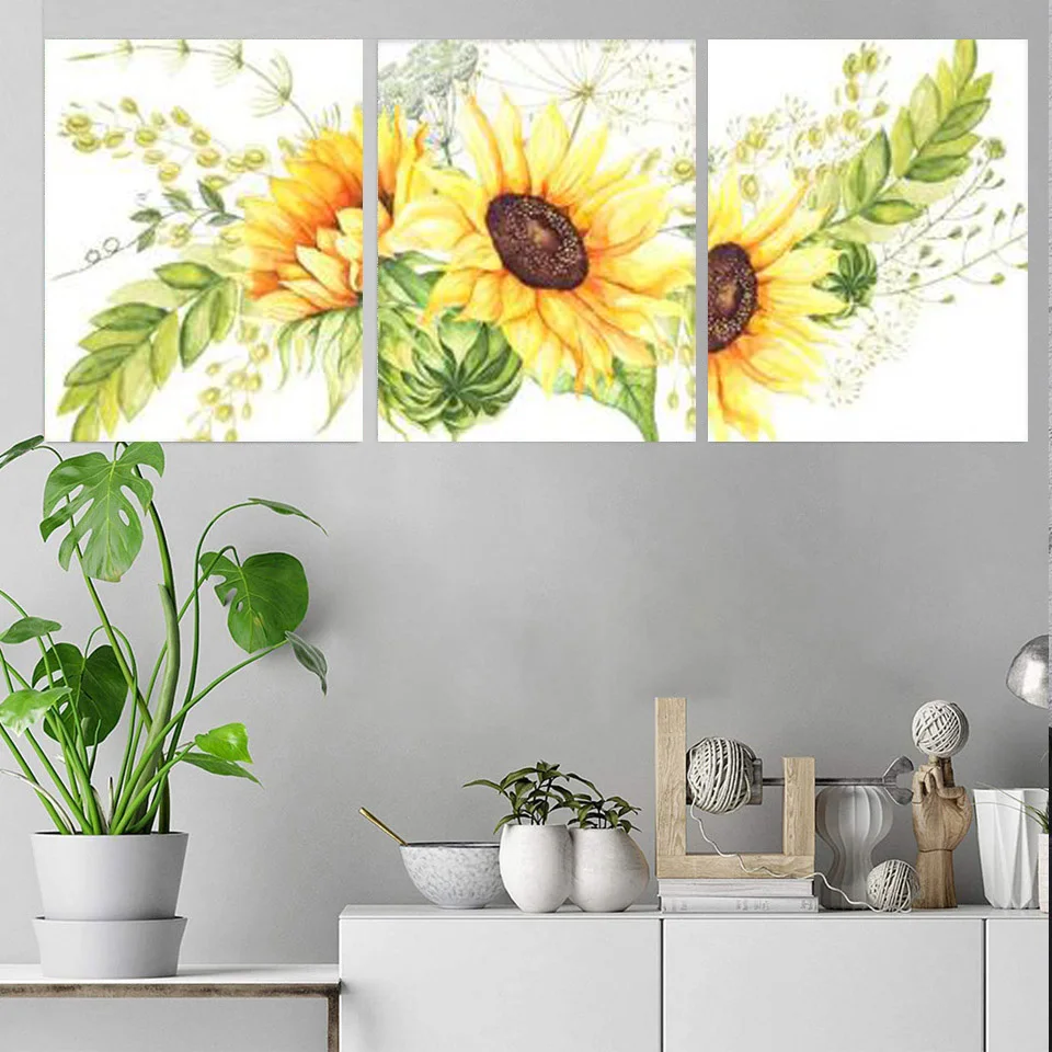 Sunflower 3 pcs diamond painting Nursery Kitchen Farmhouse Decor Watercolor Flowers diamond embroidery Pictures Home Decor A338