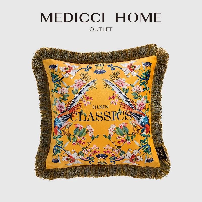 

Medicci Home Chinoiserie Chinese Pillow Covers Ancient Yellow Bird Flower Pattern Luxury Fringe Cushion Case Chic Interior