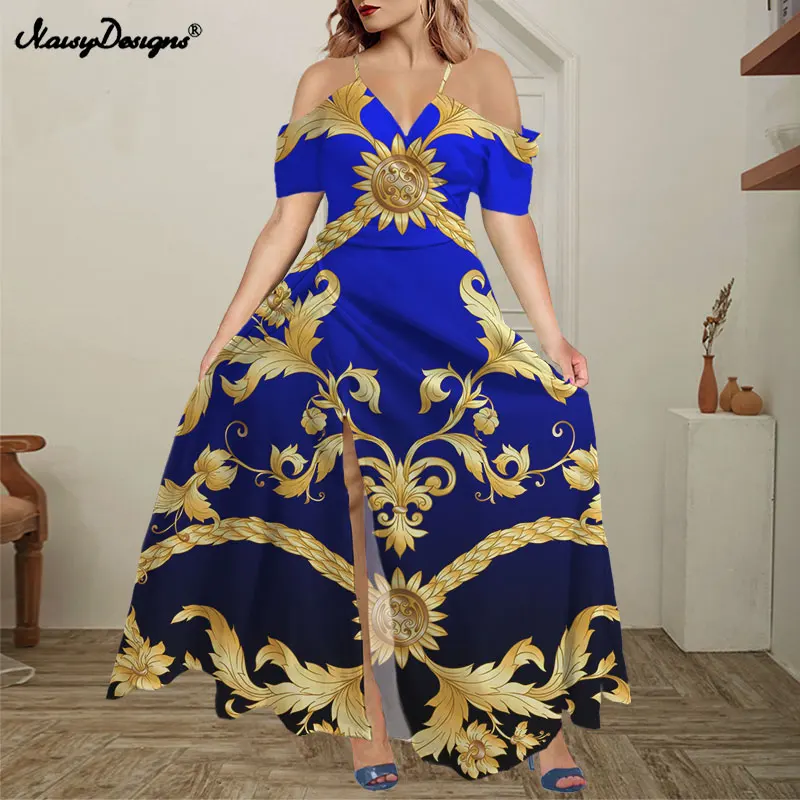 

Noisydesigns Women Off Shoulder Maxi Boho Split Long Black Blue Dress Ruffles Party Vestido Golden Floral Mujer Summer Dropship