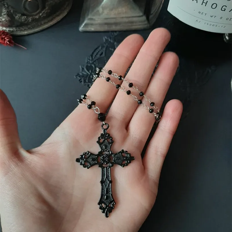 Gothic Black Cross Rosary Necklace Chain Pendant Witchy Victorian Alternative Punk Witchy Punk Statement Rock Jewelry Women Gift