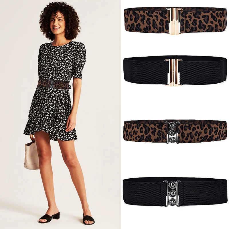 Belt for Women\'s Leopard Print Elastic Loose Waist Seal Jacket Dress Canvas Black Belt Girls Glod Buckle Cinturon Gotico