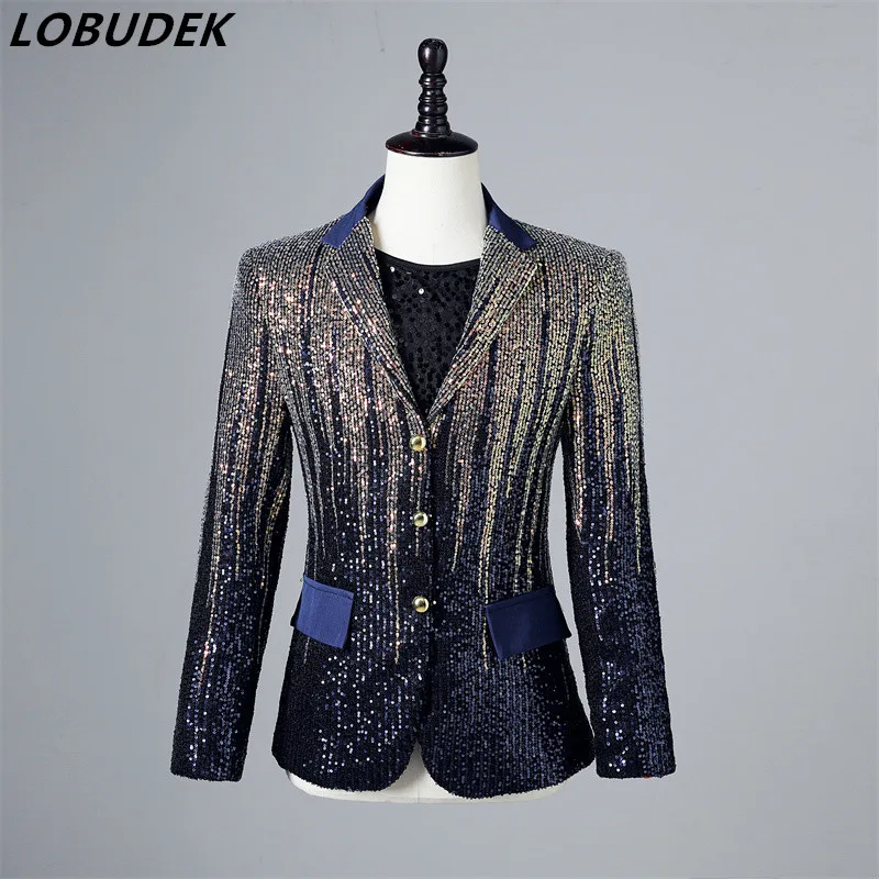 

Fashion Shiny Sequins Gradient Suit Jackets Men's Singer Host Slim Tuxedo Coat Bar Nightclub Stage Luxury Performance Clothes