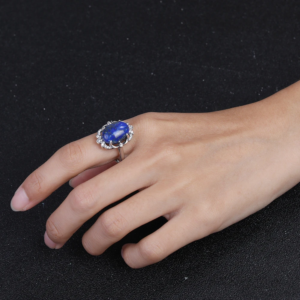 925แหวนเงินสเตอร์ลิง Vintage 10*14มม.ธรรมชาติ Lapis Lazuli แหวนมูนสโตน Labradorite เครื่องประดับขายส่ง