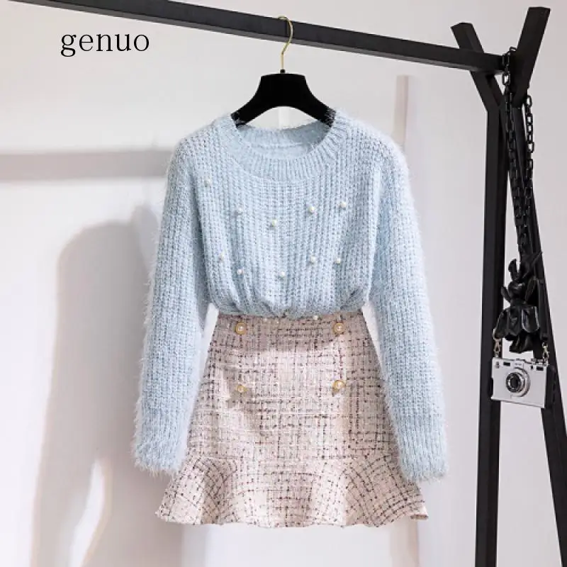 New Autumn Winter Two Piece Set Tracksuit Women Elegant Beading Knitted Sweater+High Waist Tweed Mermaid Skirt Ladies Outfits