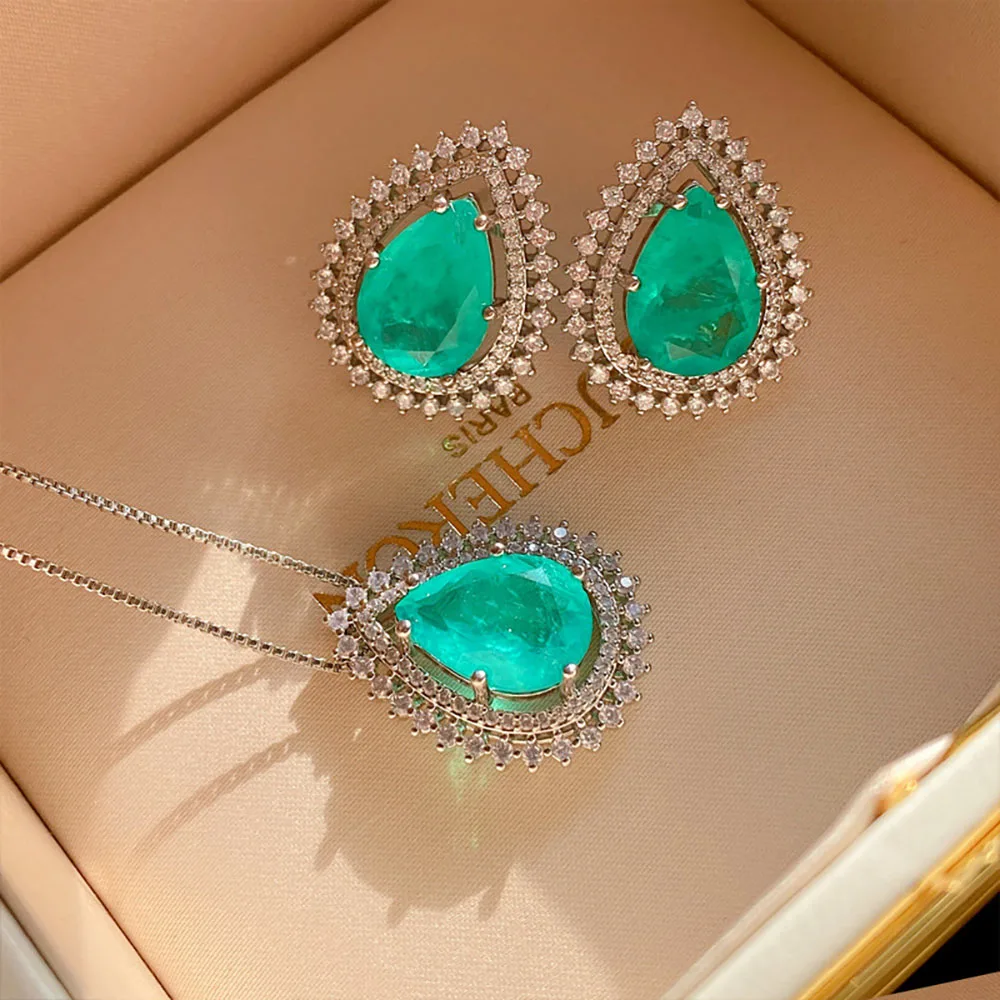 2021 Mới Thật Nữ Bạc 925 Quả Lê Hình Paraiba Đá Quý Tourmaline Mặt Dây Chuyền Bông Tai Kẹp Vành Đính Bộ Trang Sức Nữ Quà Tặng