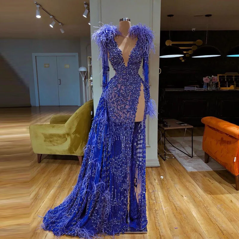 Royal Blue High Split Prom Dresses Sequins Lace V Neck Feather Beaded Evening Dress A Line Long Sleeve Special Robes De Soirée