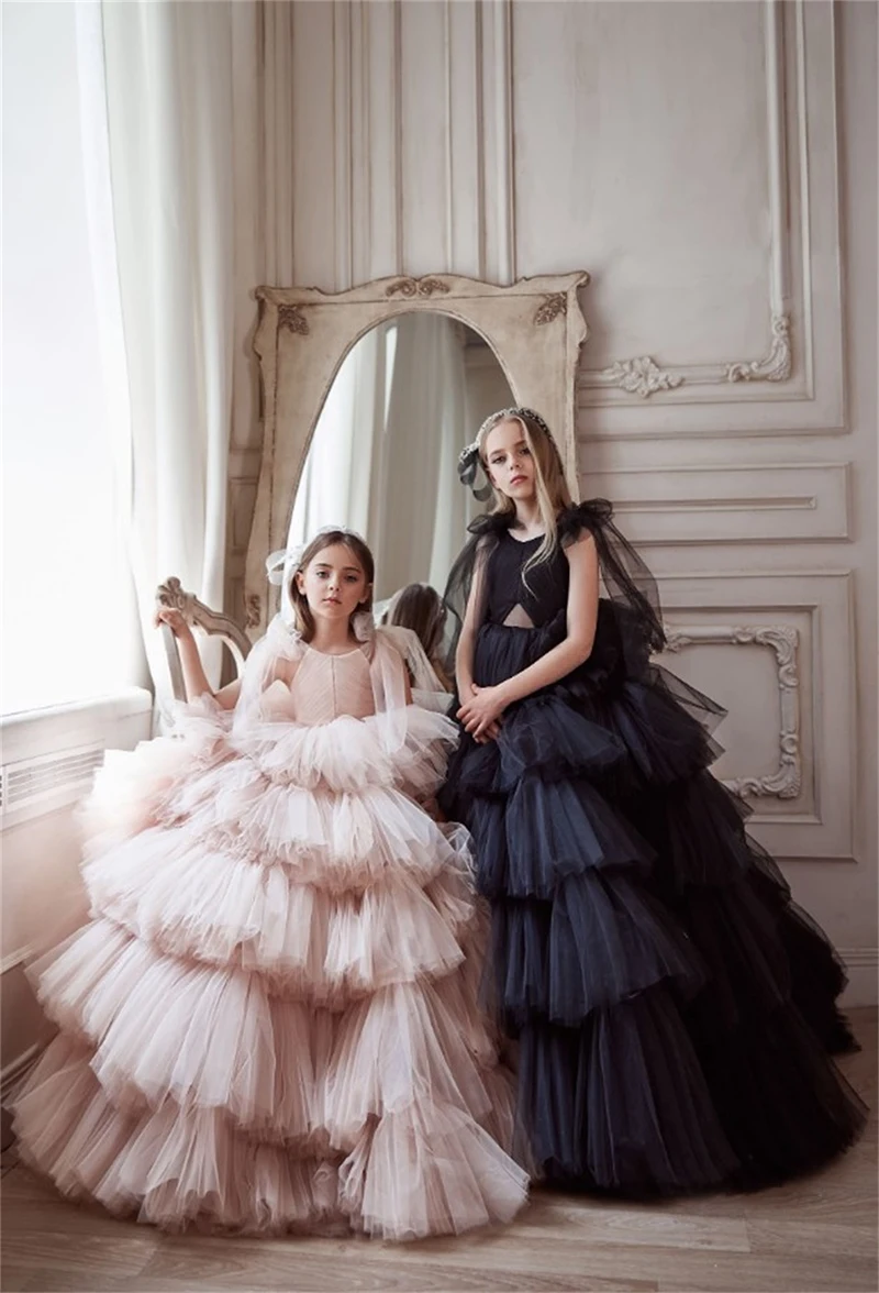 2021 abiti da ragazza di fiore principessa per matrimonio scollo a V increspature gonne a strati abito da ballo per bambini spettacolo abito da prima comunione in Tulle