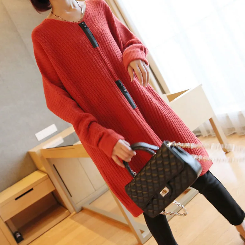 2019 female new autumn and winter berif Korean style long dress with  V-neck loose sweater