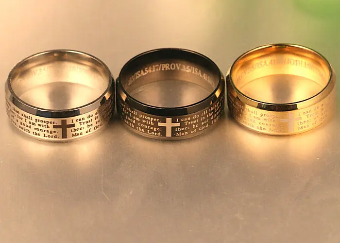 Carved Bible Cross Men\'s Ring Titanium Steel I Can Do All Things Christian Ring Fashion Prayer Men\'s Jewelry Size Us6-13