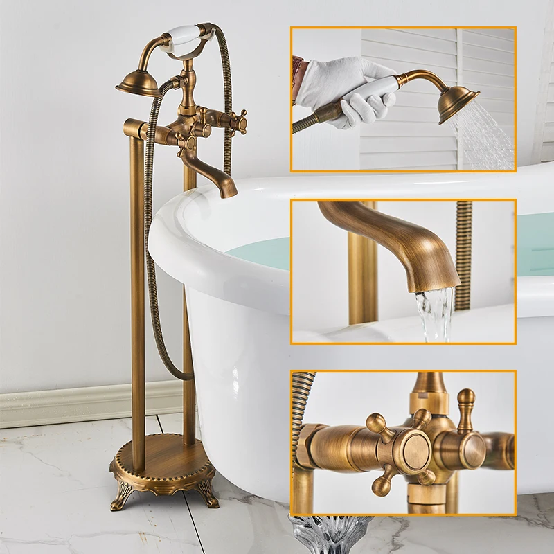 Bathroom Antique Brass Floor Mounted Tub Sink Faucet Dual Handle Bath Shower Set Freestanding Bathtub With Handshower Mixer Tap