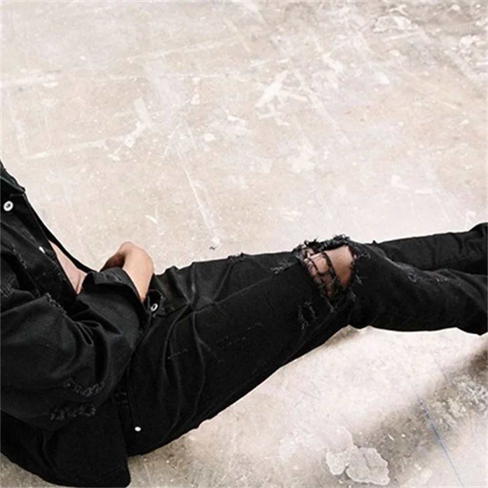 EH·MD® Ripped Knee Jeans Men's Hole Pocket Cotton High-Stretch Skinny Pencil Pants Breathable Thin Comfortable Solid Color 2020