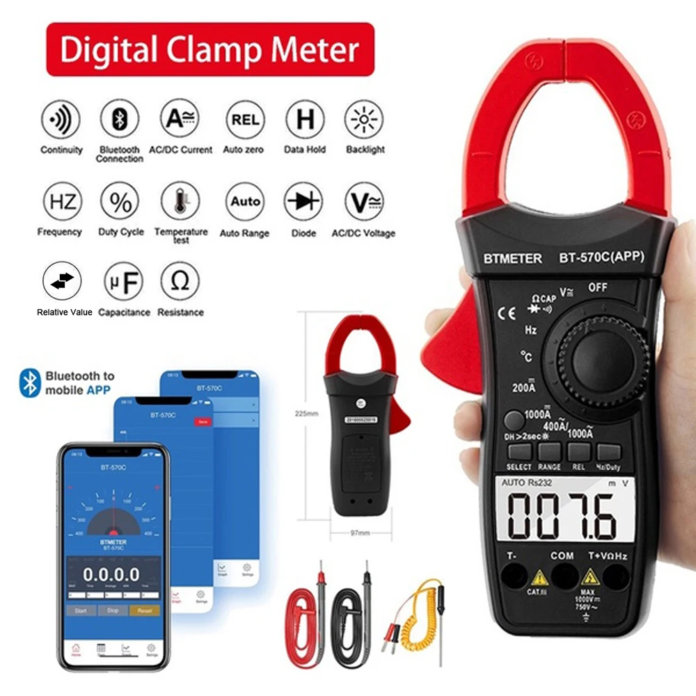 BTMETER 570C-APP Digital Clamp Multimeter 4000 Counts,Auto-Ranging Amp Ohm Tester,for AC&DC Resistance Temp Electrical HVAC