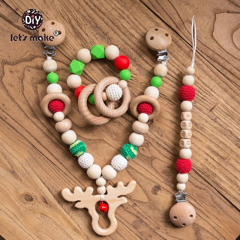 Let's Make 3pcs/set Christmas Baby Kids Toys Stroller Accessories Silicone Beads Teether Wooden Baby Stroller Accessories Kit