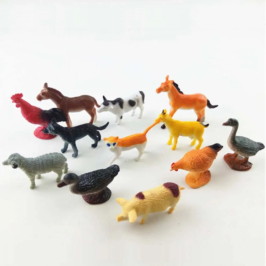 12 aves de corral modelo de Animal de pájaro doméstico lindo perro burro caballo Gallo plástico sólido realista juguetes de simulación modelo