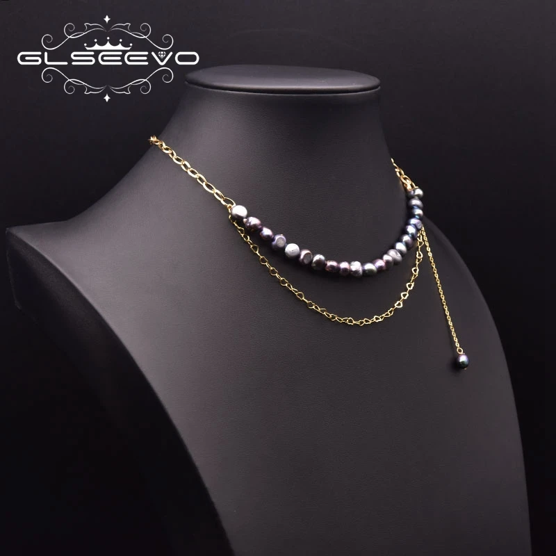 GLSEEVO Pure Natural Freshwater Baroque Pearl Necklace Handmade Black Pearl Female Necklace Wedding Party Jewelry Gift GN0292A